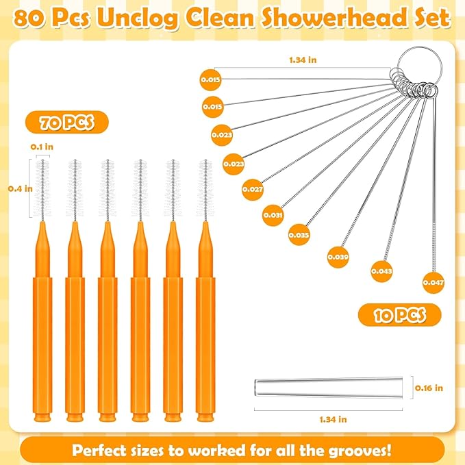 80 Pcs Shower Head Cleaner Tool, 70 Pcs Shower Head Cleaning Brush Picks for Unclogging Small Hole,10 Pcs Functional Nozzle Unclogger for Showerhead with Storage Box for Household Bathroom (Orange)