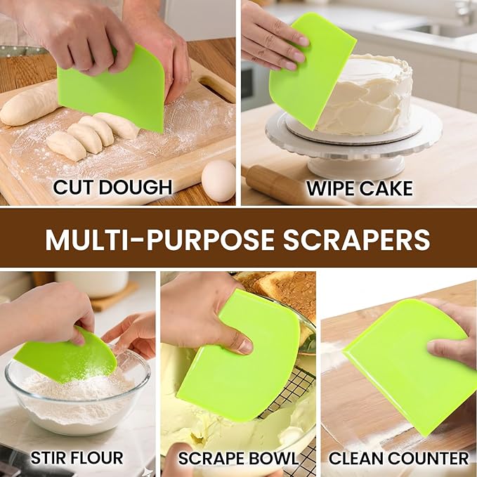 SCHVUBENR Dough Scraper Set with 2 Flexible Bowl Scrapers - Stainless Steel Dough Cutter & Bench Scraper with Measuring Scale - Versatile Kitchen Scraper for Bread, Pastry, Pizza, Cake - Black & Green
