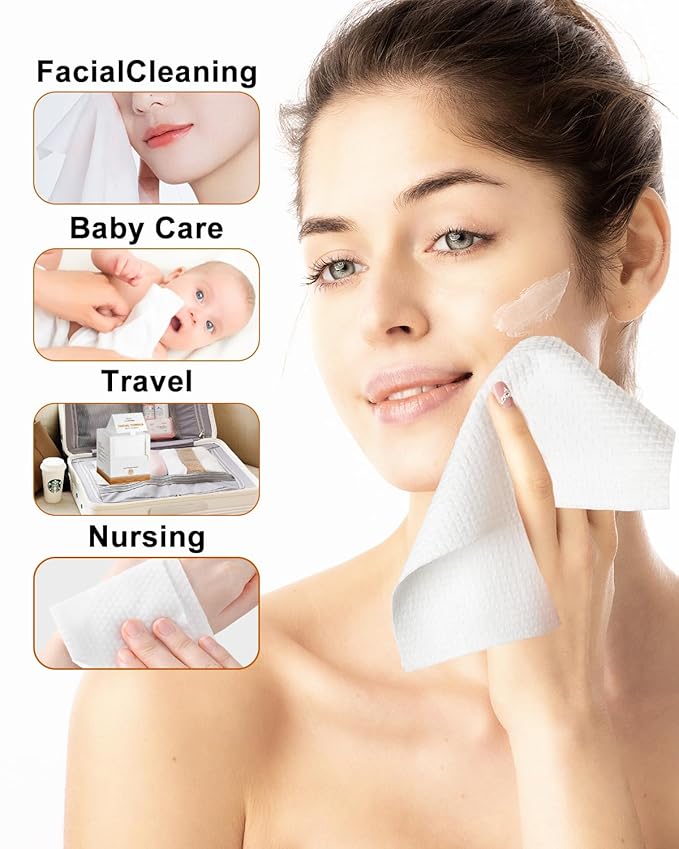 LUXU Large Disposable Face Towel with Super Absorbent,Extra Thick Soft Facial Towels Plant Fiber Facial Washcloth Biodegradable Dry Wipes for Sensitive Skin,Cruelty Free-150 Count
