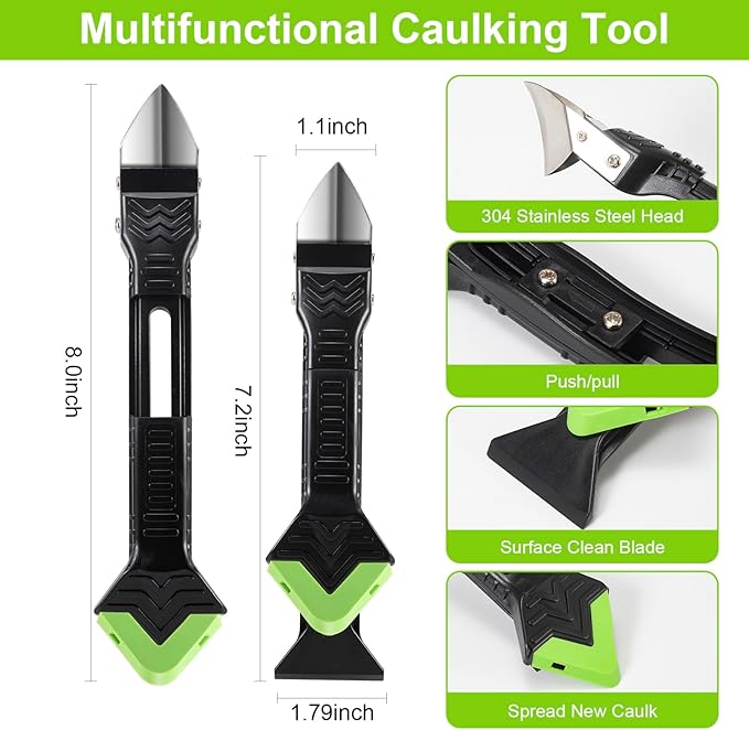 Caulking Tool 3 in 1 Caulking Grout Removal Sealant Finishing Tool Bathtub Caulk with Stainless Head, Caulk Remover Glass Glue Angle Scraper for Bathroom, Kitchen,Floor,Window,Sink Joint,Frames
