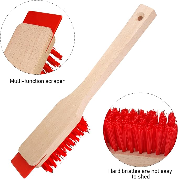 KIBBEH Heavy Duty Stiff Bristle Brush with Wood Handle and Scraper, Multi-Surface Outdoor Cleaning Tool for Patio, Deck, Lawn Mower, Gardening and Tough Grime (Red)