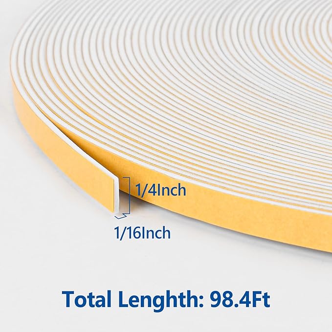 Self Adhesive Foam Tape Weatherstrip 1/4in x 1/16in x 98.4Ft High Density Foam Insulation Strips Foam Seal Weather Stripping with Strong Adhesive for Door and Window Sound Isolation Soundproofing