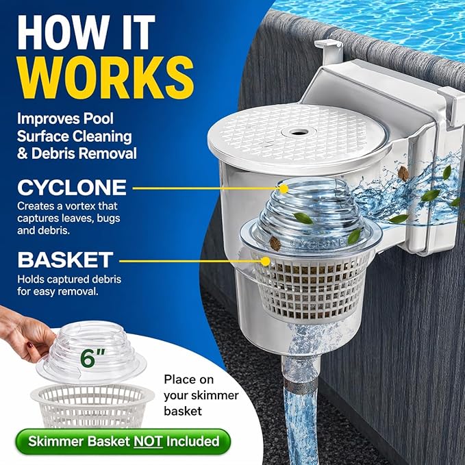 The Skimmie Cyclone 6" (Skimmer Basket NOT Included) - ONLY for Above Ground Pools - Turbocharges Pool Skimmer Water Flow - Improves Pool Surface Cleaning - Essential Pool Accessories