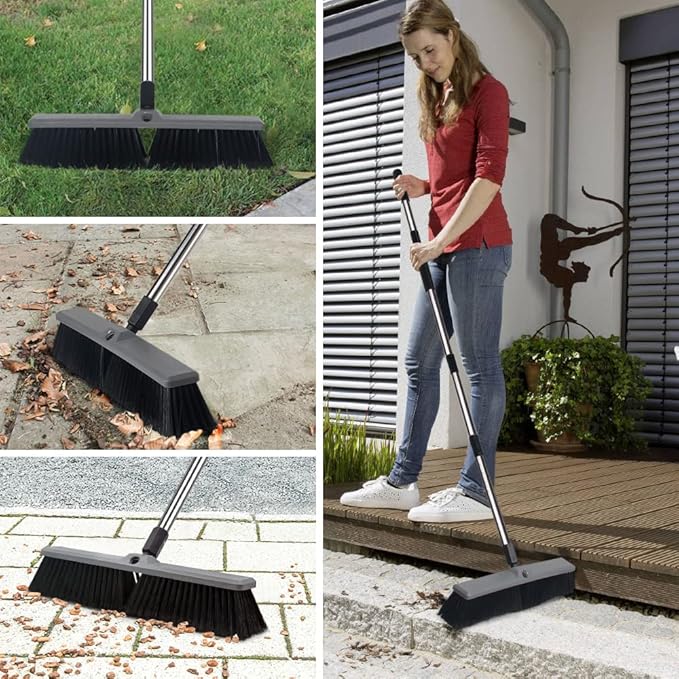 18 Inch Push Broom Brush Outdoor Heavy Duty Broom Stiff Bristles Commercial Outdoor Broom Brush for Cleaning Garage Driveway Yard Patio Deck Concrete Wood Stone Floor with 63" Long Handle
