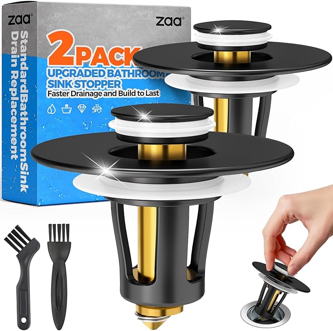zaa Bathroom Sink Stopper - 2Pack Bathroom Sink Drain Strainer,Pop Up Bathroom Drain Stopper with Anti-Clogging Filter Basket,for 1.05~1.65 in U.S.Standard Basin Drain Holes,Black