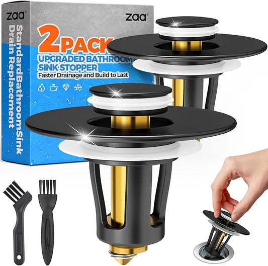 zaa Bathroom Sink Stopper - 2Pack Bathroom Sink Drain Strainer,Pop Up Bathroom Drain Stopper with Anti-Clogging Filter Basket,for 1.05~1.65 in U.S.Standard Basin Drain Holes,Black