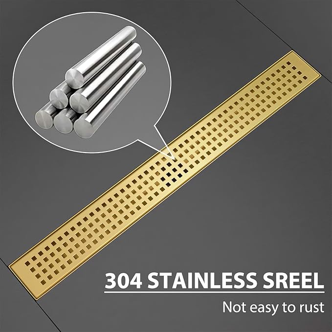 SaniteModar Linear Shower Drain, Shower Drain Gold 36 inch with Removable Grate,Brushed 304 Stainless Steel Shower Drain Include Hair Strainer,Adjustable Leveling Feet