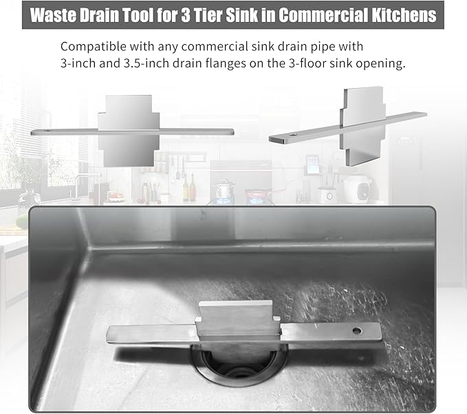 Waste Drain Tool for 3 Tier Sink in Commercial Kitchens（Stainless Steel),Twist Waste Drain Tool and Lever Waste Plumbing Drain Tool