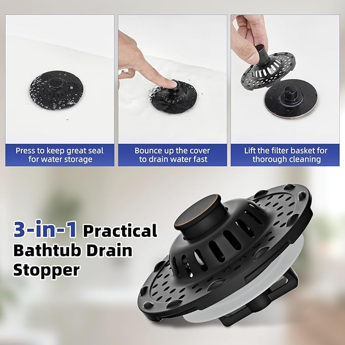 Metal 2 Pack Bathtub Drain Stopper with Top Hair Catcher, 3 in 1 Pop-up Bathtub Strainer, Tub Stopper with Detachable Stainless Steel Filter Basket for Standard 1.5 to 2.4'' Drain, Oil-Rubbed Bronze