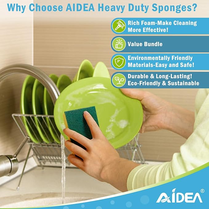 AIDEA Sponges Kitchen, 24 Pack Heavy Duty Dish Sponge, Cleaning Dish Scrubber Sponge for Home and Kitchen, Stink-Free Cleaning Supplies for Pots, Pans