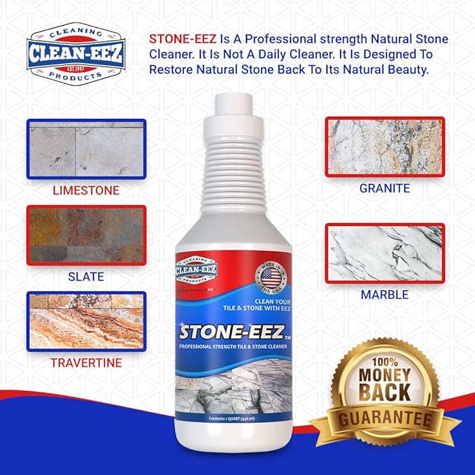 STONE-EEZ 2 Bottles + Free Grout Brush | Heavy Duty Natural Stone Cleaner for Stains & Deep Cleaning | Safe for Travertine, Marble, Granite & Other Natrual Stone | Easily Removes Dirt, Grime, Grease.