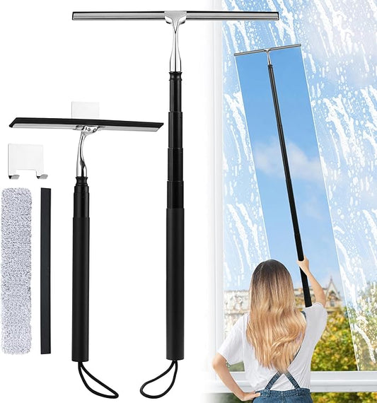 2 in 1 Window Squeegee, Shower Squeegee Window Cleaning Kit with Extension Pole Long Handle Squeegee for Shower Glass Floor Bathroom Home Outdoor, 12 inch Wide, Black