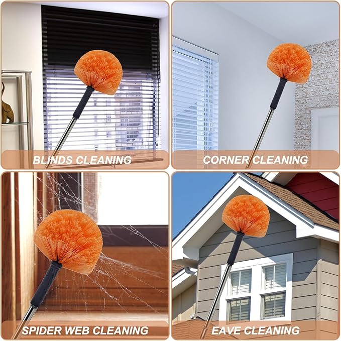 Cobweb Duster Brush Head, Spider Web Cleaning Tool, Indoor & Outdoor Use, Fits 3/4 Inch Acme Threaded Poles (Orange)