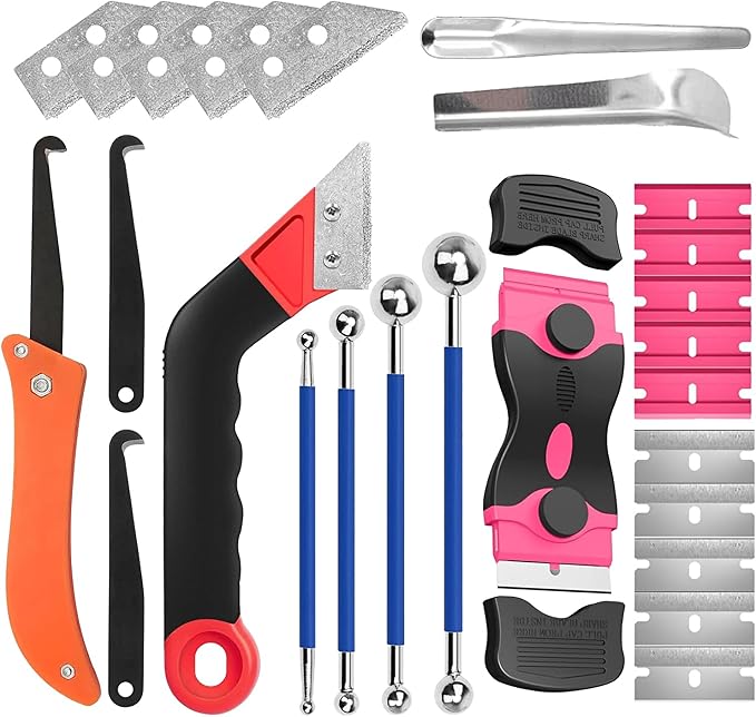 Grout Removal Tool Kit & Razor Scraper Set - 26PC Professional Tile Cleaning Tools with Diamond-Style Blades, Grout Rake, Angled Heads for Bathroom, Kitchen, Floor
