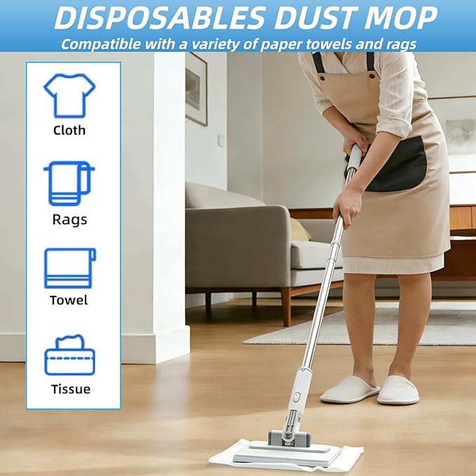 4 in 1 Disposable Dust Mop with Squeegee & Floor Scrub Brush with Long Handle, 2 Shiny Towels Wipes Cleaning Cloths, 2 Crevice Brush, Snap Grip Mini Mop for Windows Car Glass Floor Shower Bathroom