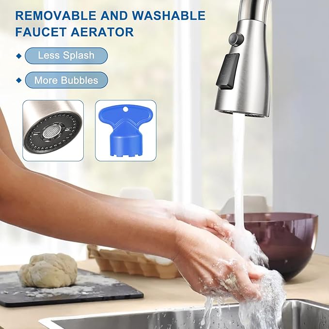 Kitchen Faucet Head Replacement, Premium 3 Function Pull Down Spray Head with 9 Adapters, Kitchen Sink Faucet Head Compatible with American Standard, Moen/Delta Faucets, Brushed Nickel