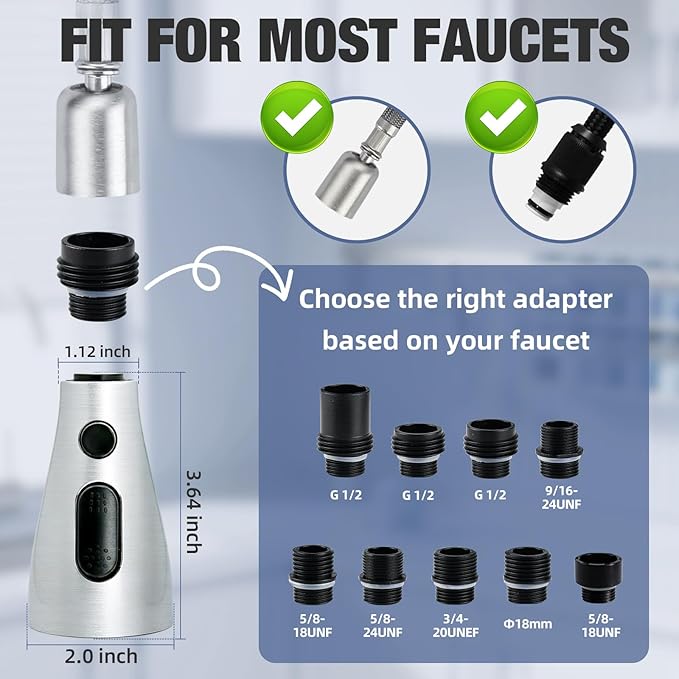 Kitchen Faucet Head Replacement, 3-Function Pull Down Spray Head with 9 Adapters, Sink Faucet Spray Head Compatible with Moen, Delta, American Standard Faucet, etc, Chrome