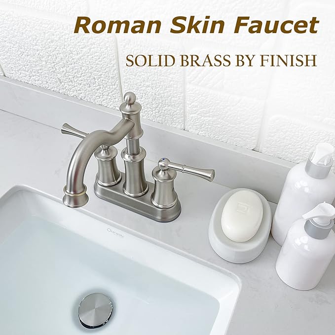 Roman Bathroom Sink Faucet Deck Mount or Wall Mount Installation Pop-up Drain Assembly with Overflow Deck Plate and Water Supply Lines Included (2 Hole Deck Mount, Brushed Nickel)
