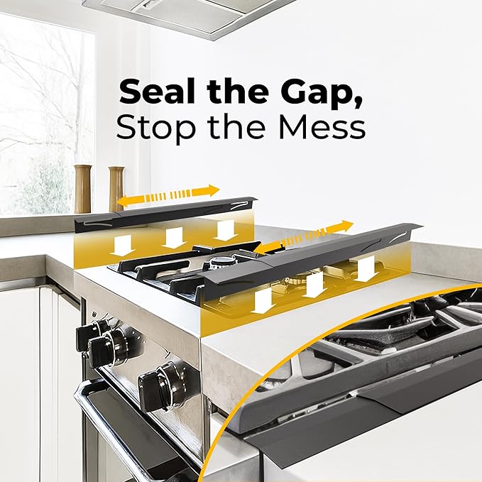 T-Shaped Stainless Steel Stove Gap Covers with Non-Slip Grip Strips – Extendable Length Stove Gap Filler (2 Pack, 14"-27.5") – Non-Sliding, Heat Resistant for Seamless Kitchen Protection (Black)