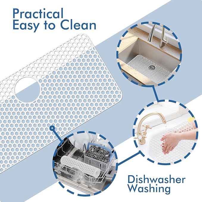 Silicone Sink Protectors for Kitchen Sink with Rear Drain - 28.3"x 15.7" Kitchen Protector Accessory, Non-Slip Heat Resistan Mat for Bottom of Farmhouse Stainless Steel Porcelain (White)