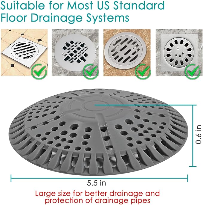 Shower Drain Hair Catcher, 2 Pack 5.5in Shower Hair Catcher Large Premium Silicone Drain Protector Strainer, Shower Drain Cover for Shower Room, Floor Drain, Bathroom Sink, Dark Grey