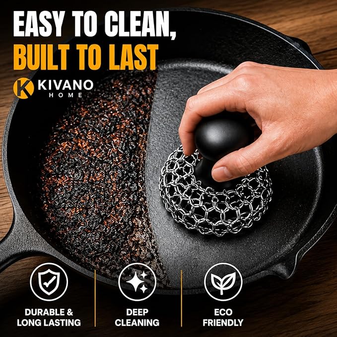 Cast Iron Scrubber with 2 Pan Scrapers – 316L Stainless Steel Chainmail Cleaner for Cast Iron Skillets, Woks & Grill Pans