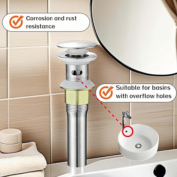 Pop-Up Sink Drain for No Overflow Basin, Stainless Steel, Hair Catcher Filter, 7.09 inch Length, Brushed Nickel (with Holes)