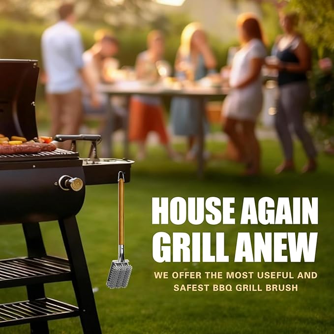 HOUSE AGAIN Grill Brush Bristle Free, Stainless Steel Food-Grade Brush Head with Scraper, Safe BBQ Outdoor Grill Cleaning Brush Barbecue Steam Grill Cleaner Non Wire for Grill Grate/Long Wood Handle
