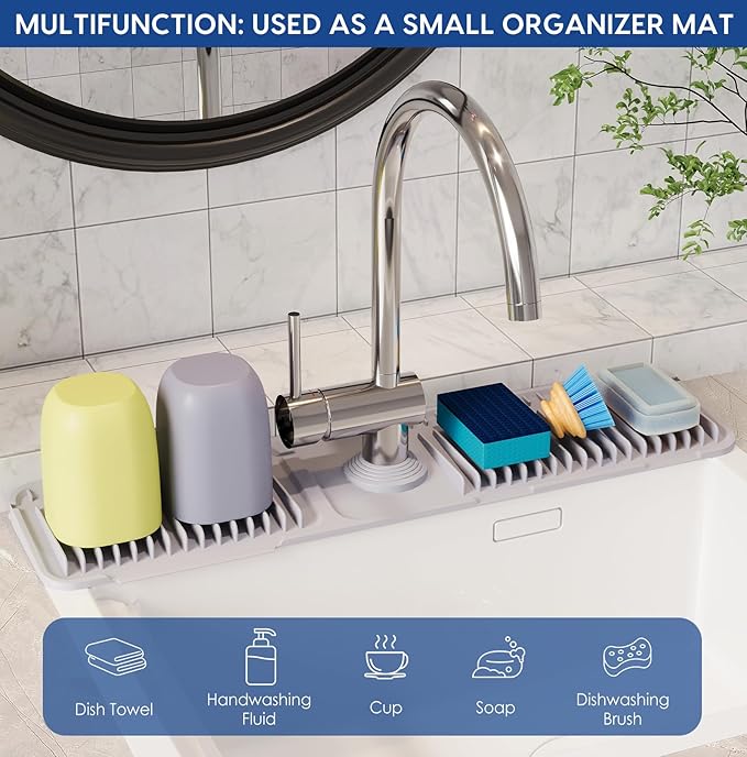 24 Inch Silicone Faucet Mat for Kitchen Sink Splash Guard - 7° Slope Upgraded Water Draining Mat with Fasten Button for Bathroom Area (Gray, 24''x5.5'')