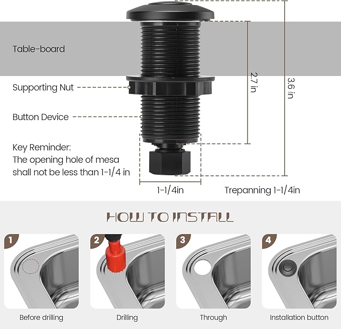 Garbage Disposal Air Switch Kit Sink Top Waste Disposal Long Stainless Steel Black On/Off Air Button Food and Waste Disposals Part by Etoolcity, UL Listed