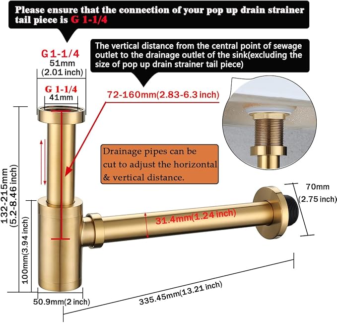 RANDOM Dark Gold Brass Contemporary Round Bottle P Trap 1 1/4,Basin Sink Waste Drain P Trap Kit Champagne Bronze.RD-83888-CB