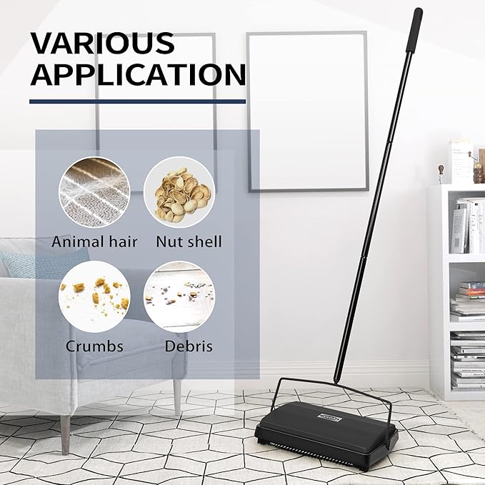 JEHONN Carpet Floor Sweeper Manual with Horsehair, Non Electric Quite Rug Roller Brush Push for Cleaning Pet Hair, Loose Debris, Lint (Black)