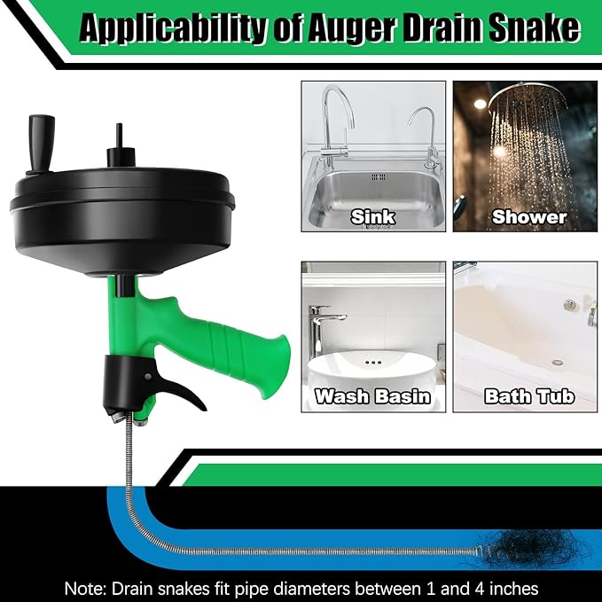 50 Ft Drain Snake, Fast Unclog Snake, Manual & Electric Plumbing Snaker for Shower Sink, Toilet and Kitchen, Drain Auger 50 ft Comes with Gloves and Bag, 1/4 Inch, Green