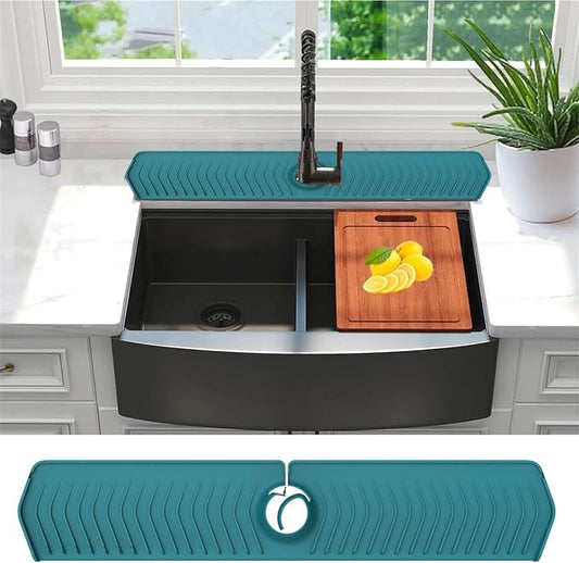 Large Size Kitchen Sink Splash Guard, 30"Silicone Faucet Handle Drip Catcher Tray Mat for for Kitchen Countertop, Bathroom, Farmhouse Countertop, Bathroom, Farmhouse (Green, 30" x 5.7")