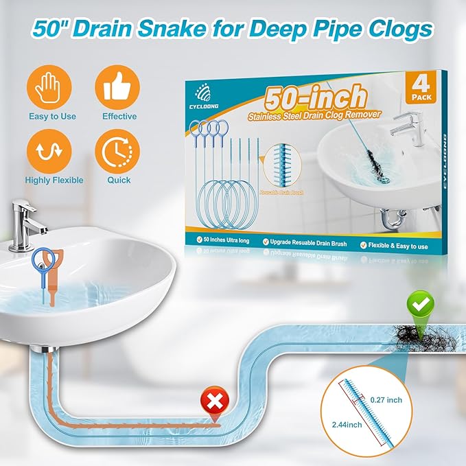 4 Pack Snake Drain Hair Removal Tool, Reusable Drain Snake Hair Drain Clog Remover Tool, 50 Inch Anti-break Steel Shower Drain Snake for Bathtub, Bathroom Sink Drain Unclog