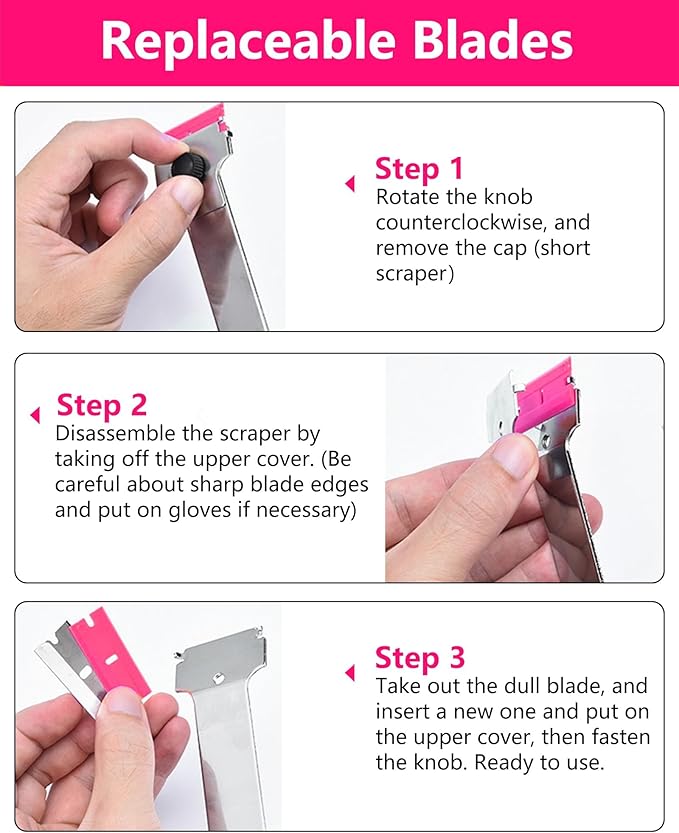 Razor Blade Scraper,Long Handle Razor Scraper with 10 Plastic and 10 Metal Blades - Perfect for Removing Labels, Stickers, Registration Stickers, and Grease from Windshields, Tint, and Glass (Pink)