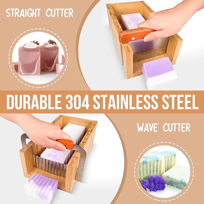 Walfos Soap Mold for soap Making, Soap Making kit - 42 oz Silicone Loaf soap Mold Set with Rectangular Wood Box & Bamboo Cutter Measuring Box, 2 Scraper for Soaps Making