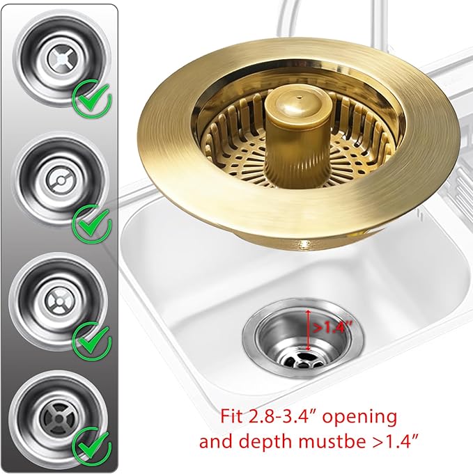 Kitchen Sink Drain Strainer, 3 in 1 Pop up Kitchen Sink Stopper, with an Extra Basket Strainer, for US Standard 3-1/2 Inch Drain, Copper Material, Brushed Gold
