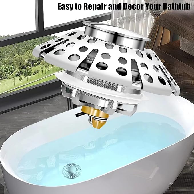 Bathtub Drain Stopper, Pop Up Tub Stopper with Drain Hair Catcher, Bathtub Plug and Cover with Strainer, Universal for 1.5 to 1.8in Tub Drain Hole