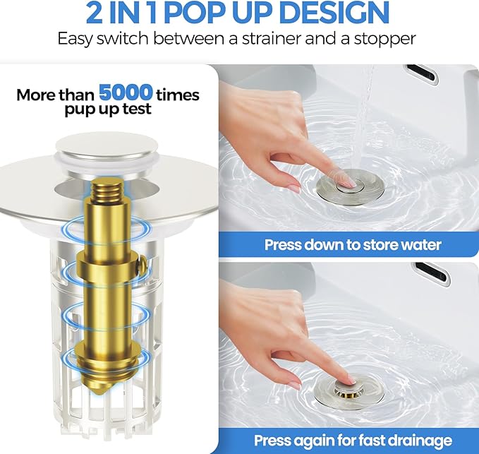 zaa Bathroom Sink Drain Strainer - Bathroom Sink Stopper, 2Pack Pop Up Sink Stopper with Removable Filter Strainer Basket for US Standard Bathroom Sink, Drain Plug Filter Replacement, Nickel
