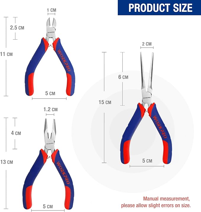 WORKPRO Mini Pliers Set, 3-Piece Small Pliers Tool Kit Includes 4” Diagonal Plier, 5” Long Nose Plier, 6” Needle Nose Plier, for Making Crafts, Repairing Electronic Devices