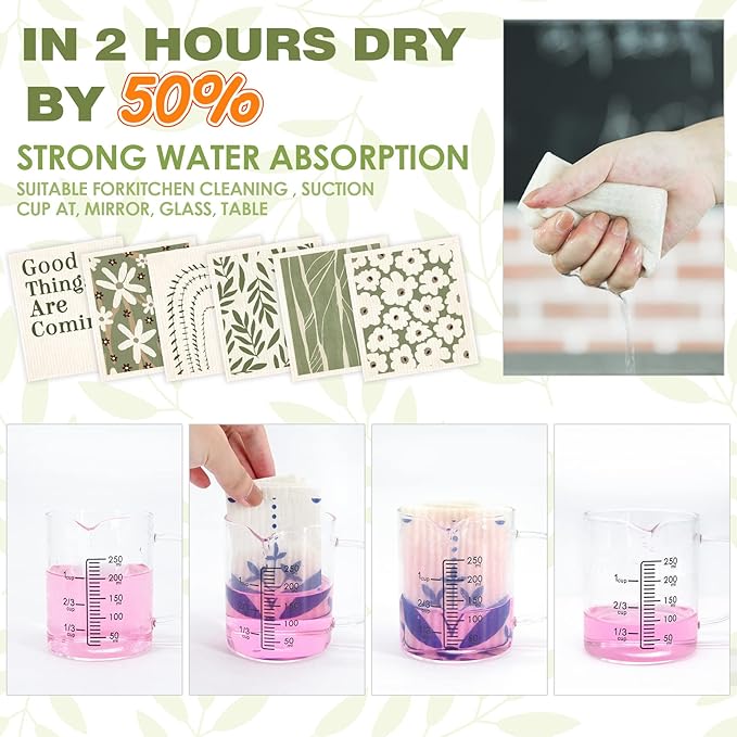 Swedish Dishcloths for Kitchen 6 Pack Eucalyptus Cellulose Sponge Cloths Non Scratch Reusable Paper Towels Biodegradable and Reusable Kitchen Dish Rags (Moss Green)