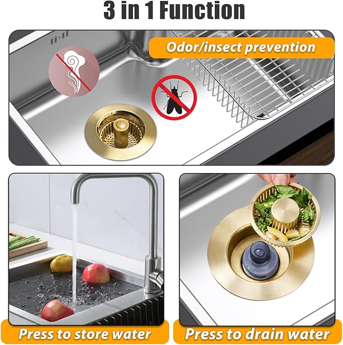 Kitchen Sink Drain Strainer, 3 in 1 Pop Up Kitchen Sink Stopper, with an Extra Basket Strainer, Universal for US Standard 3-1/2 Inch, Brushed Gold