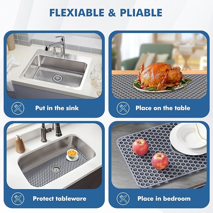 Silicone Sink Protectors for Kitchen Sink with Center Drain - 29.7"x 15.5" Kitchen Protector Accessory, Non-Slip Heat Resistan Mat for Bottom of Farmhouse Stainless Steel Porcelain (Gray)