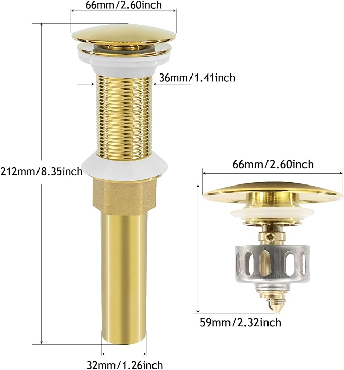 Bathroom Sink Drain, 2 Pack Gold Drain Stopper Without Overflow,Pop Up Drain Assembly Without Detachable Strainer Basket,Built-in Anti-Clogging Strainer,Stainless Steel