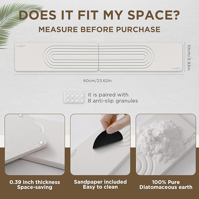 Faucet Mat for Kitchen Sink, Diatomite Stone Drying Sink Protectors, Bathroom Faucet Splash Guard, Quick Dry Water Absorbing, Non-Slip Tray for Kitchen Counter, White, 11.8" x 3.9" x 2pcs
