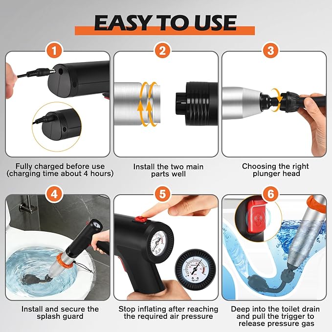 Electric Toilet Plunger, Drain Unclogger Plungers High Pressure Air Drain Blaster with Drain Auger, Splash-free Plungers for Bathroom, Plumbing Snake for Toilet, Clog Remover Heavy Duty(Black)