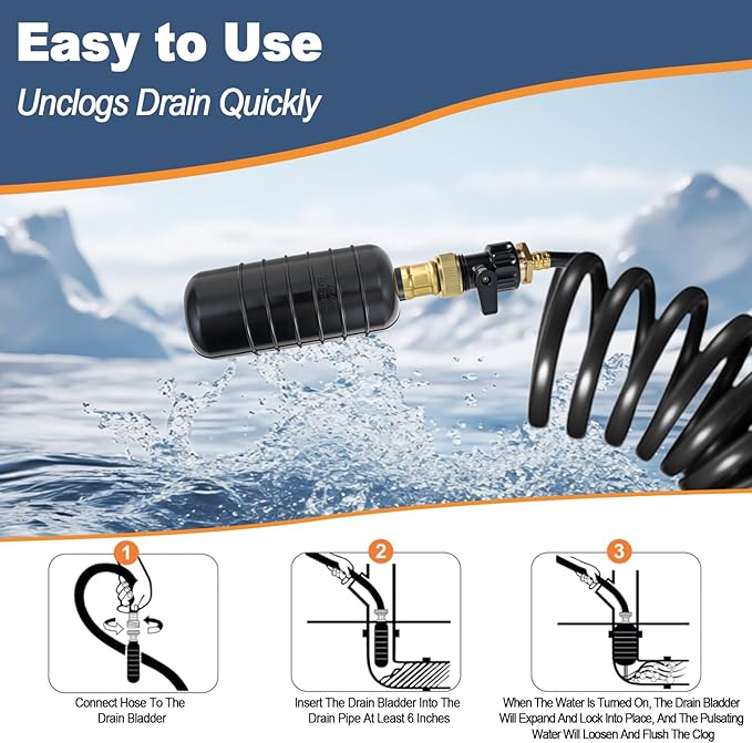 Drain Cleaning Bladder Kit, Including 3 Sizes Rubber Bladders1"-6", Durable Drain Bladder Tool for Sink Shower Pipe & Sewer Unclogging (3 Pcs)