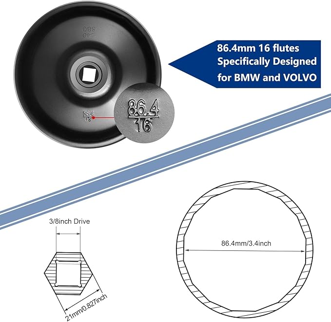 86.4mm 16 Flutes Oil Filter Wrench for BMW and Volvo with 86mm Filter Housing Caps, Removal Tool to Change Oil, Steel Socket Wrench Kit