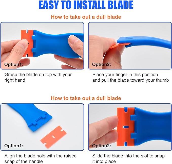 4 Pcs Plastic Razor Blade Scraper and 120 Pcs Blades, Remove Label Decal Tool,Forwithout Scratches Plastic Razor Blade Scraper, Adhesive Remover for Kitchen Appliances,Stickers and Paints on Window